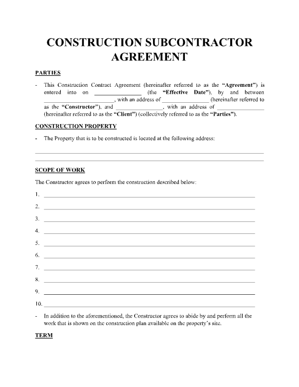 Subcontractor Agreement Template